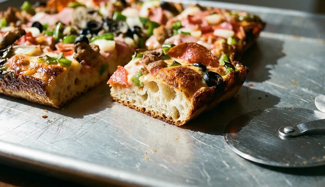 A thick square of pan-baked pizza cut into rectangles on a metal tray