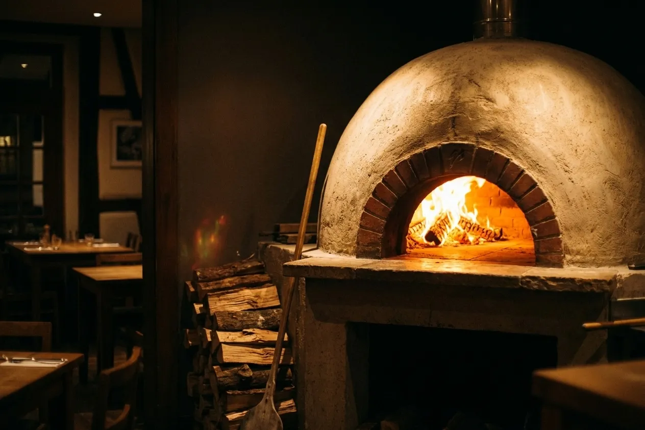 A wood-fired dome oven glowing orange in the corner of a small restaurant