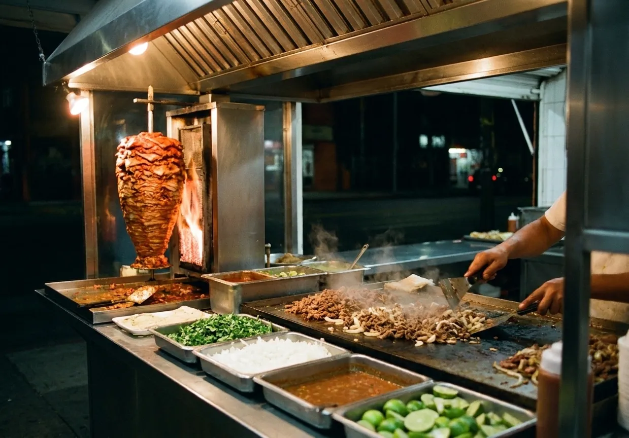 A taqueria counter at night with a vertical spit and a griddle in use