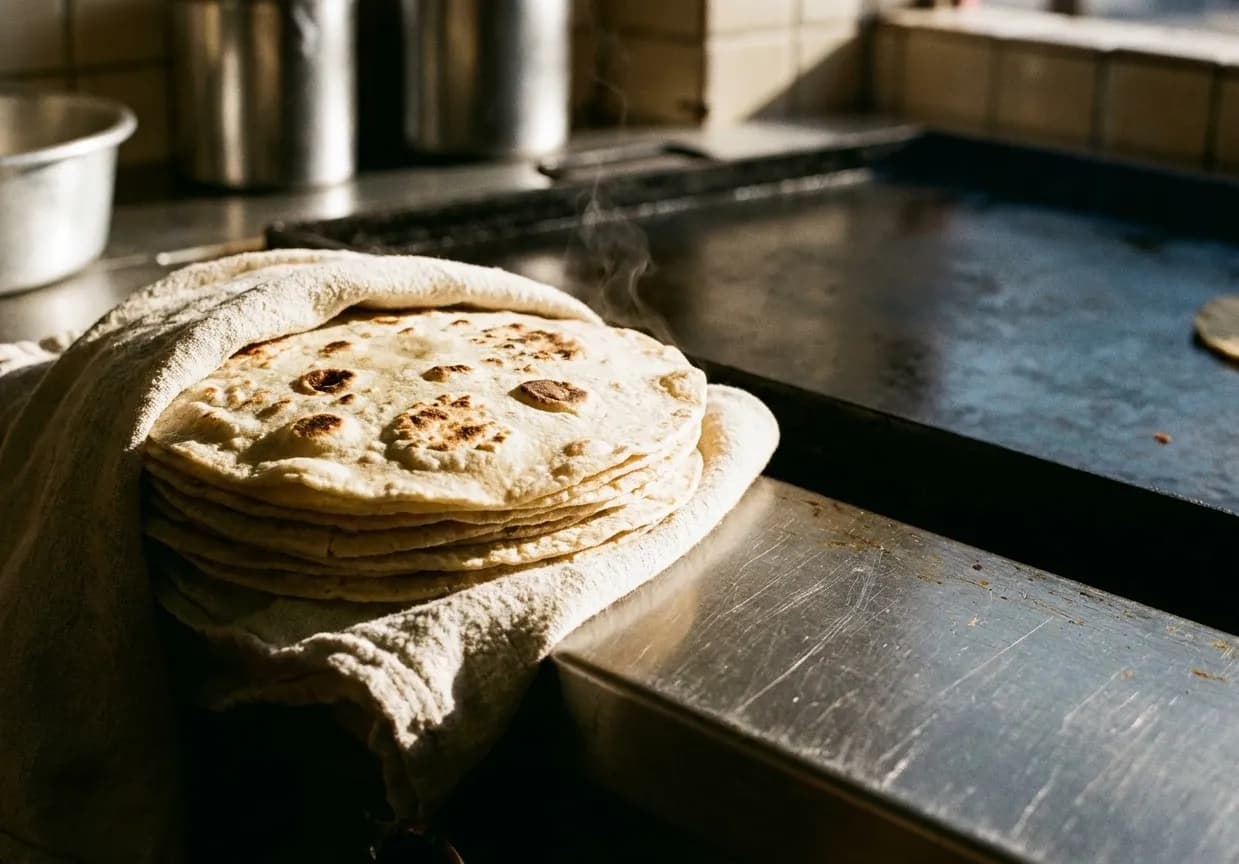 A stack of fresh corn tortillas wrapped in cloth beside a hot griddle