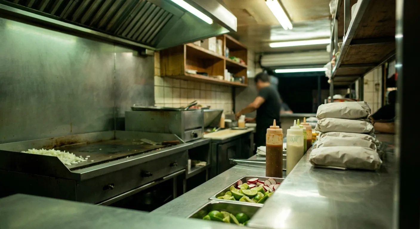 A small taqueria counter with a griddle and a stack of paper-wrapped orders