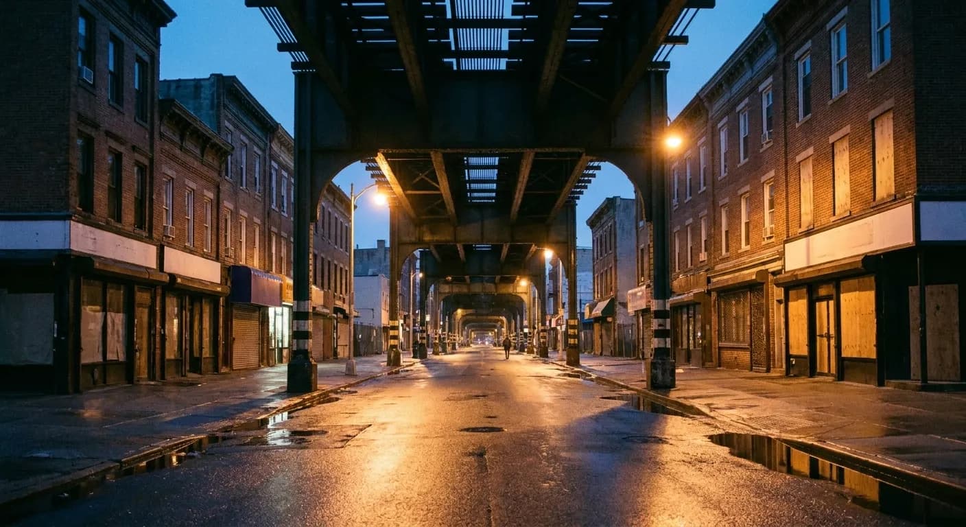 A low-rise Brooklyn street of brick row buildings under an elevated roadway at dusk