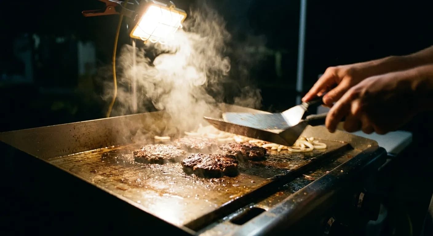 A griddle of meat and onions cooking under a work light on a street cart