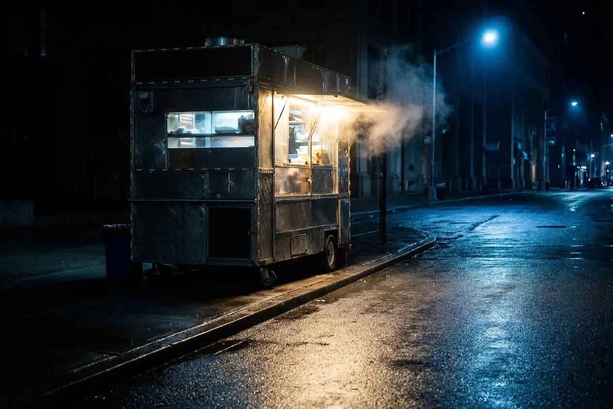 A parked food truck lit from inside on an empty New York street after midnight