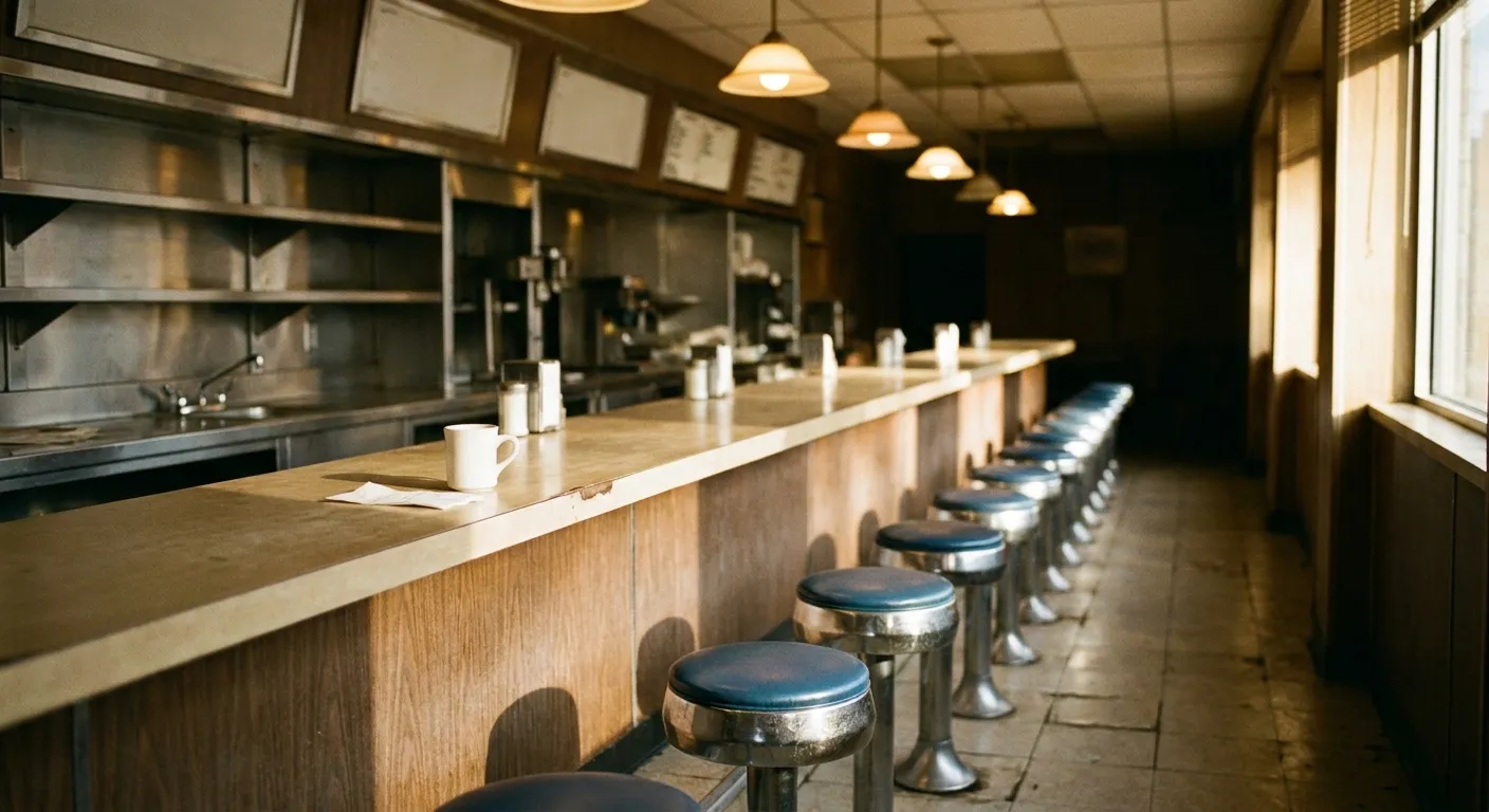A long diner-style counter with stools seen down its length
