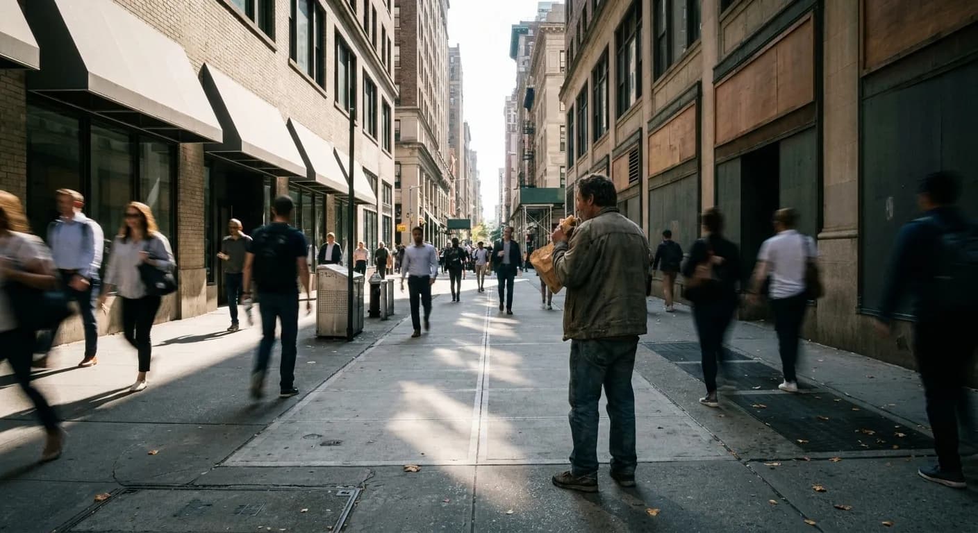 A crowded New York sidewalk at lunchtime with people eating standing up near a corner