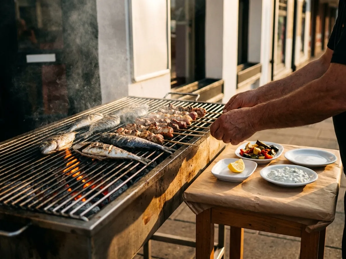 An outdoor table with a charcoal grill and small dishes set out on paper