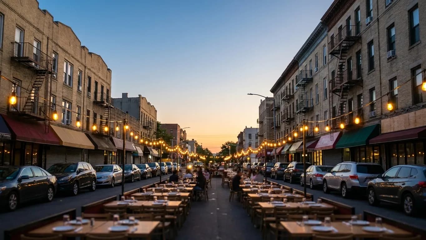A wide Queens avenue at dusk lined with awnings and outdoor tables under string lights