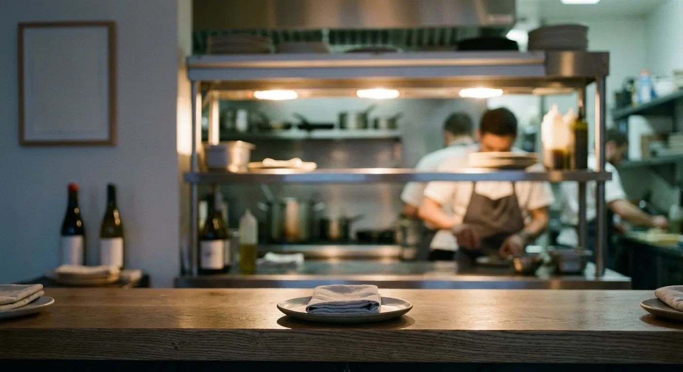 A chef's counter seen from a stool with the pass and the kitchen behind it