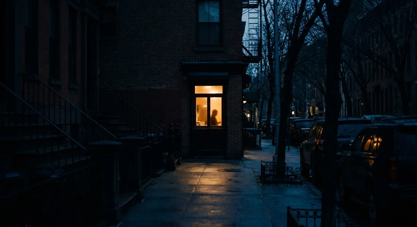 A single lit restaurant window on a dark residential New York street