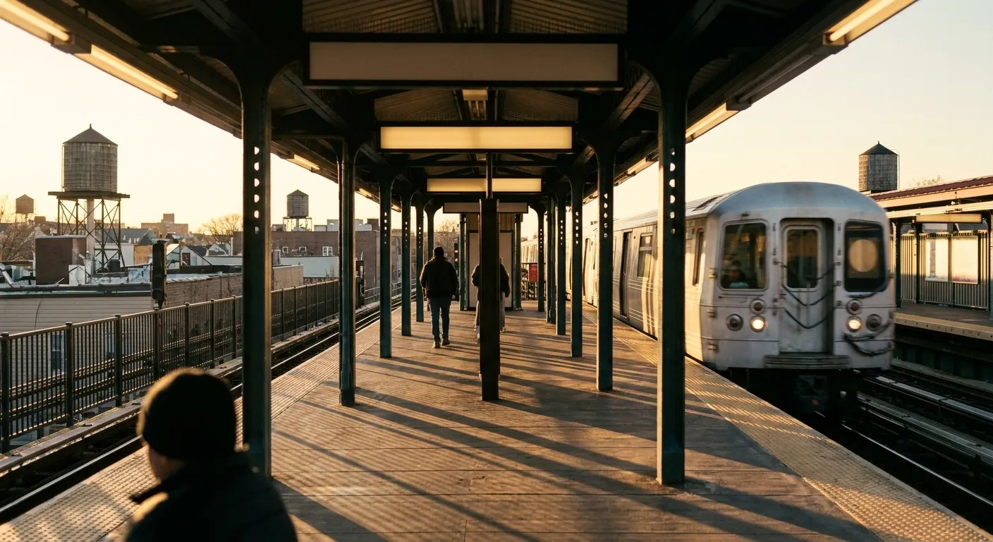 An elevated subway platform in late afternoon with the train arriving