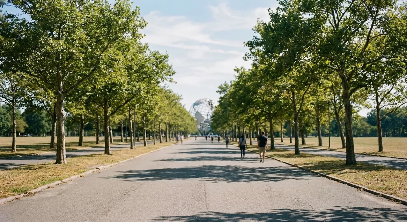 A wide public park path with a large steel globe sculpture in the distance