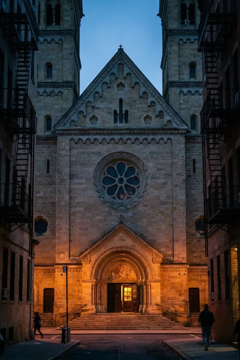 A stone church facade seen from across a crowded street in the evening