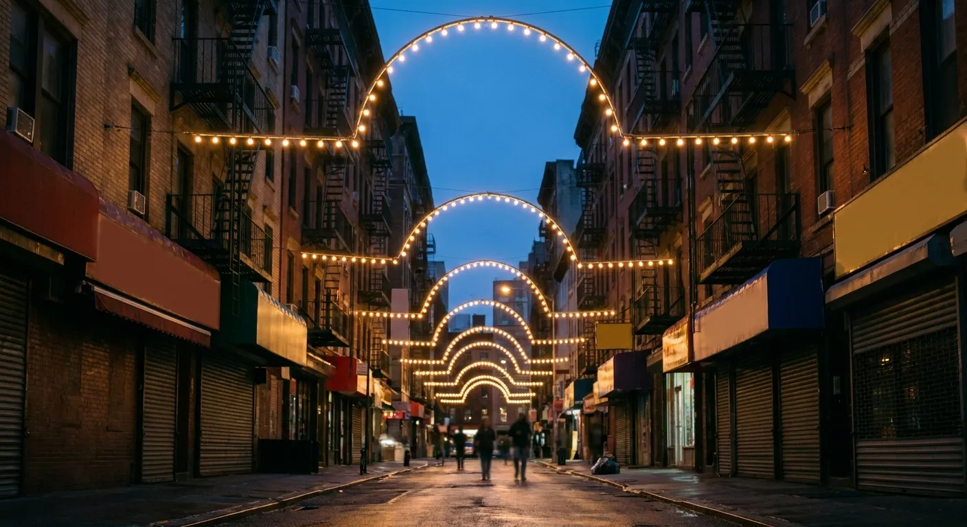 A narrow street strung overhead with arches of small lights at dusk