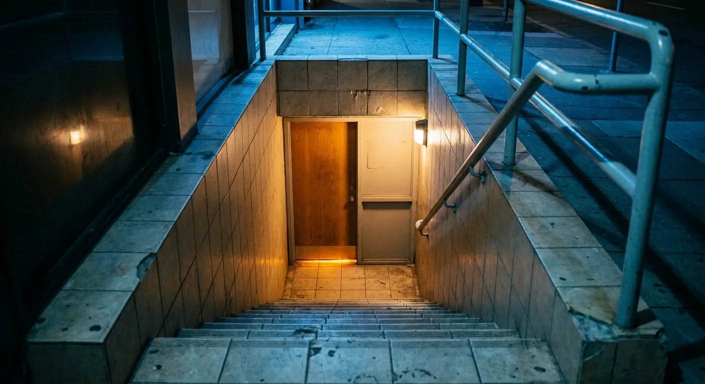 A narrow stairwell leading down to a basement doorway lit from below