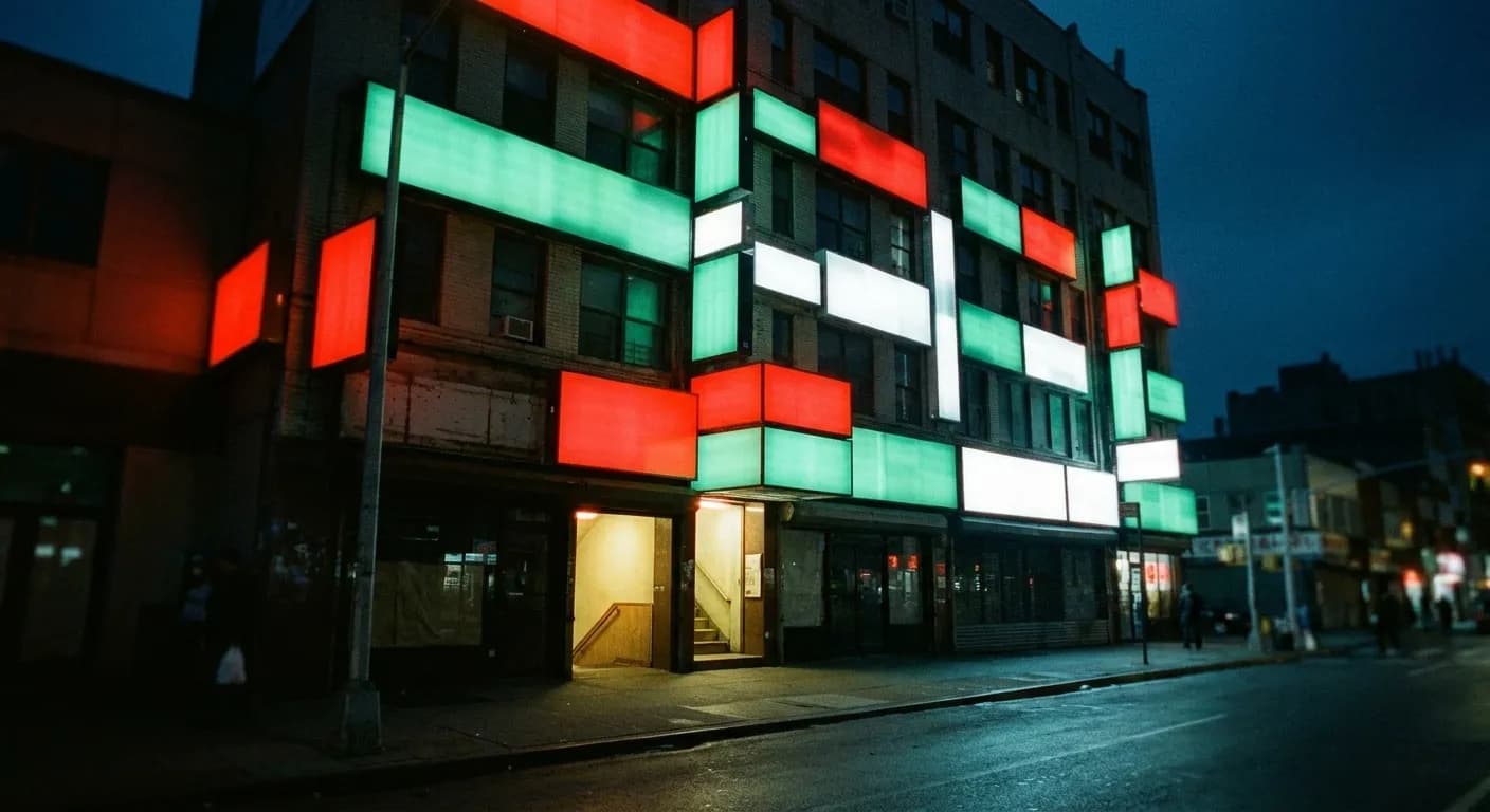 A neon-lit commercial street at night with signage stacked up a building facade