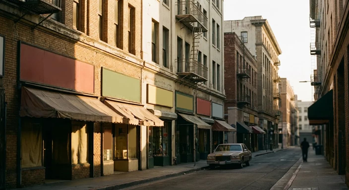 A quiet side street of older brick buildings with awnings, late afternoon