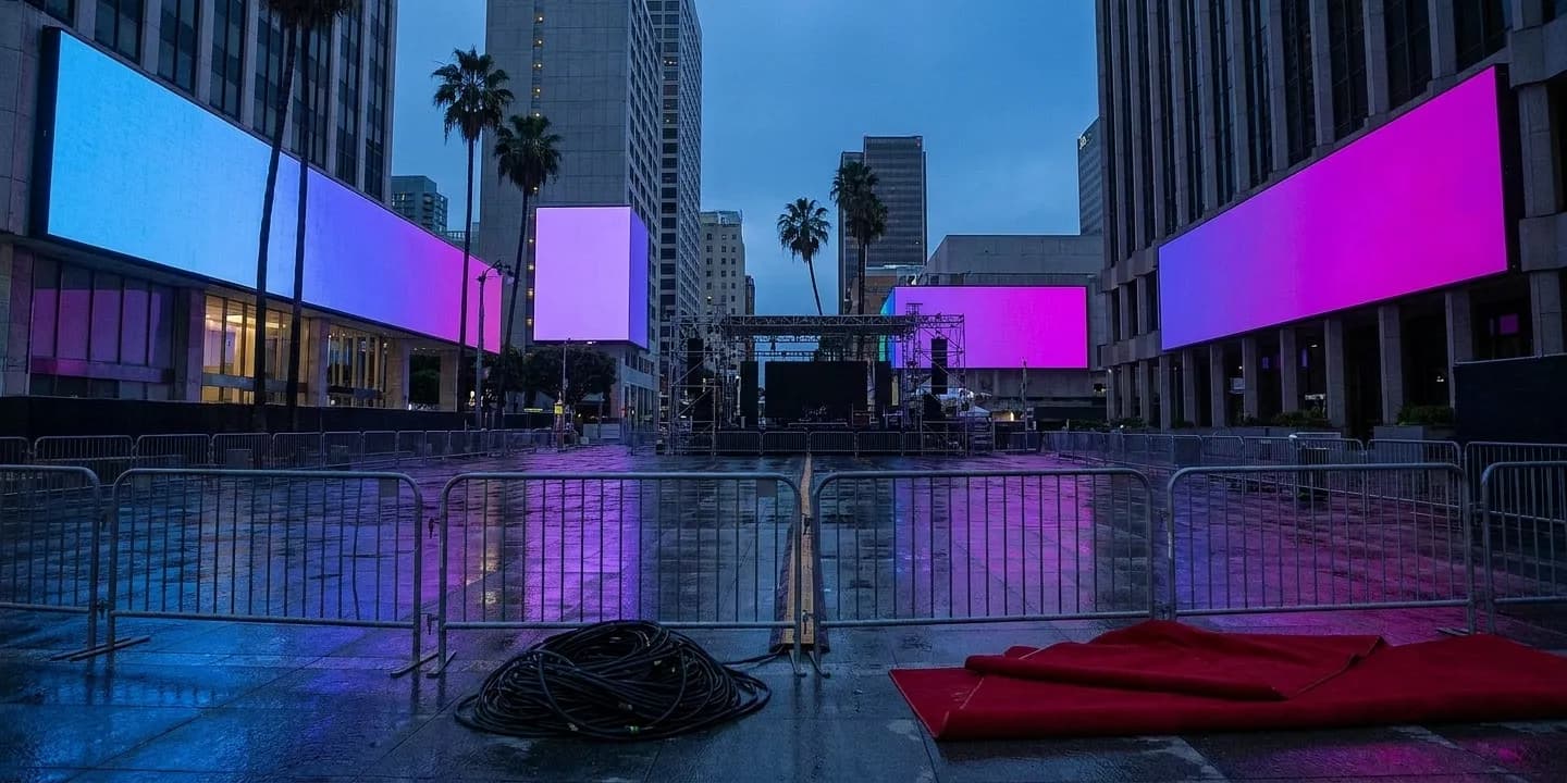 A downtown plaza at dusk with tall illuminated screens and empty barricades