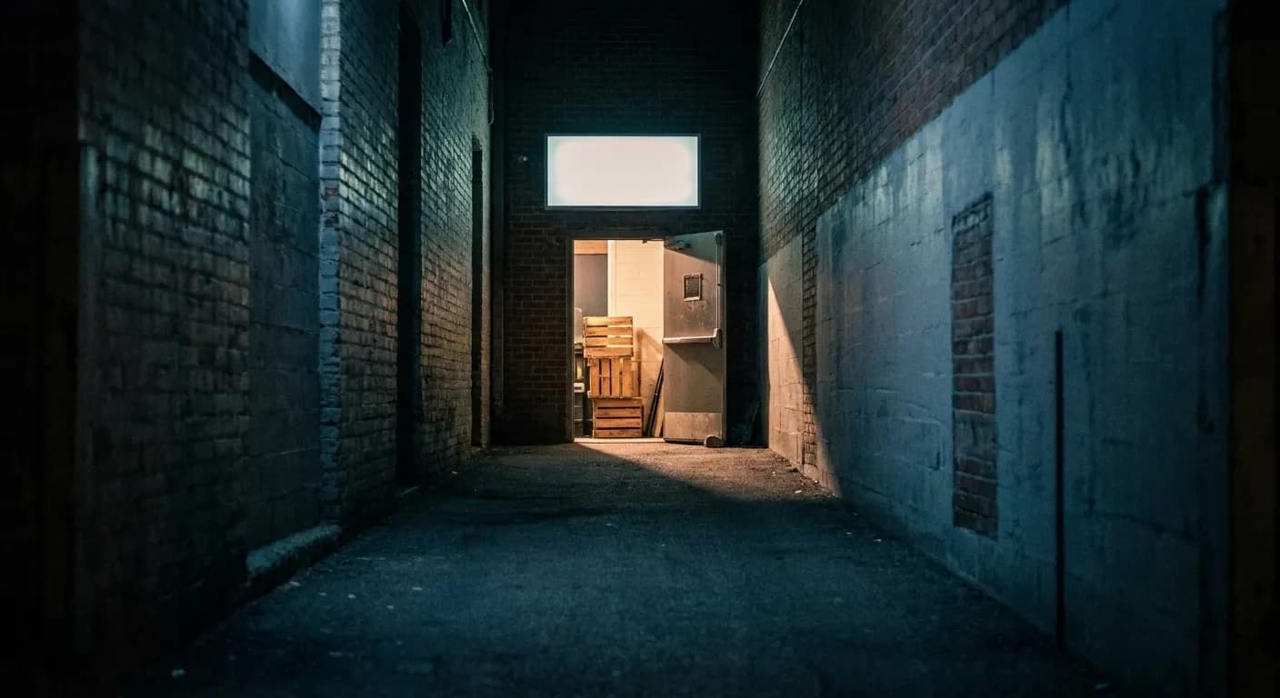 A narrow downtown side street with warm light spilling from a doorway
