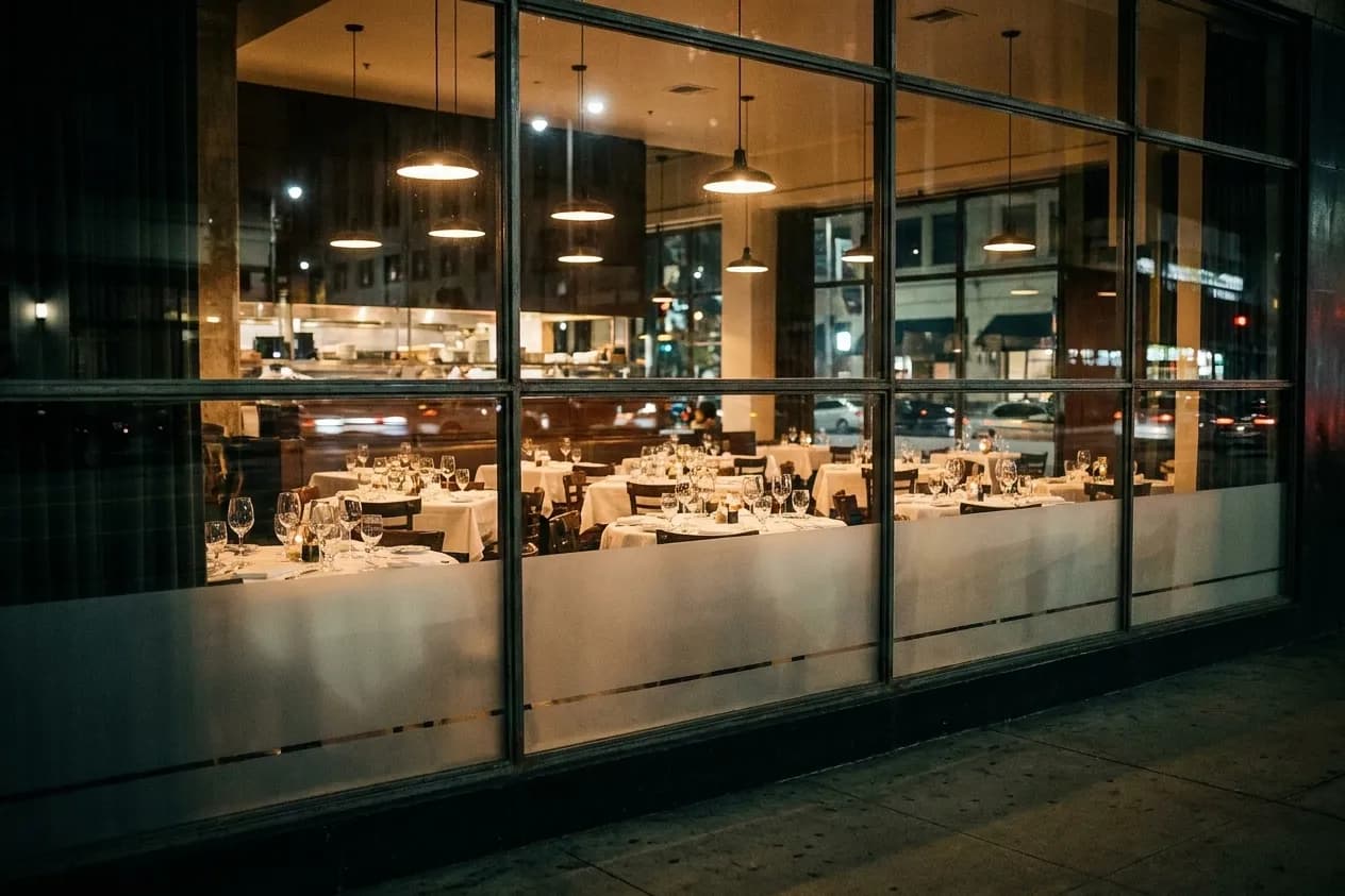 A restaurant dining room seen from the street through large windows at night