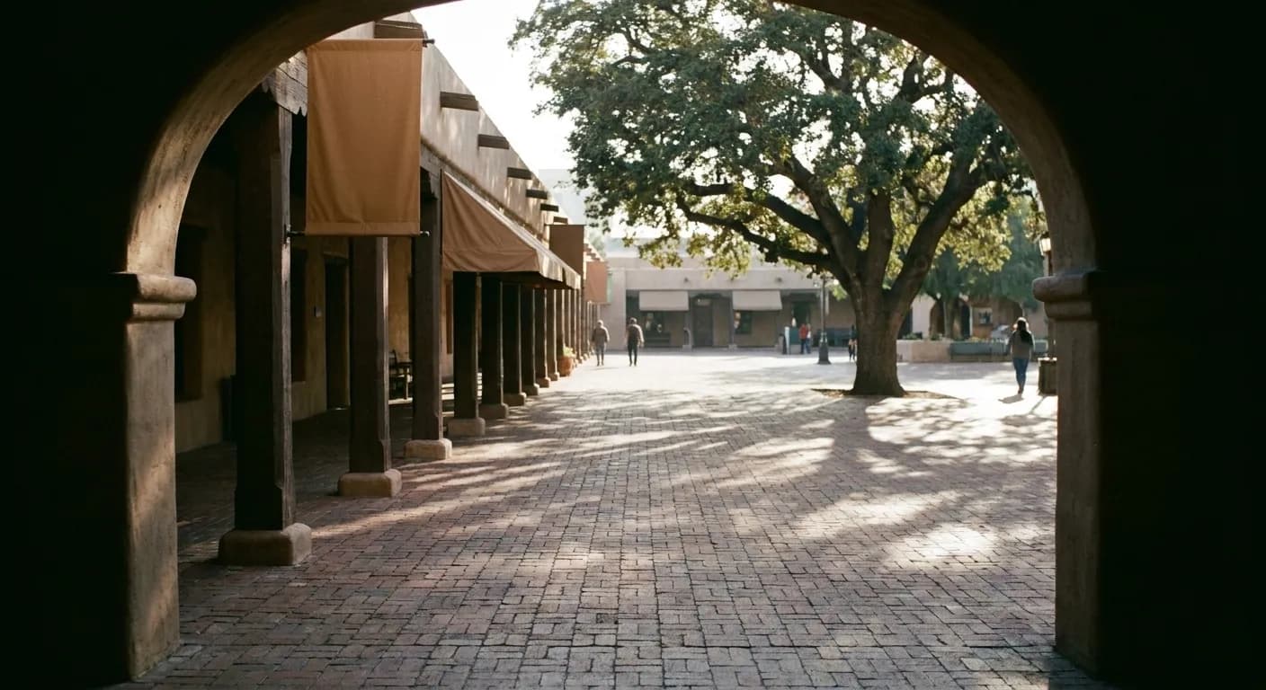 An old brick plaza with shaded arcades early in the day, still quiet