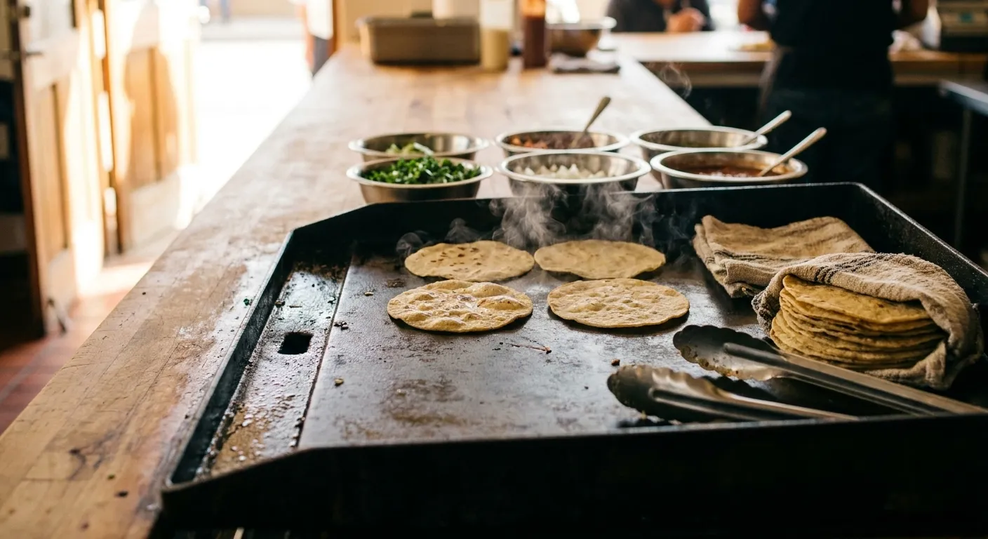 A morning food counter with a griddle and stacked tortillas under warm light