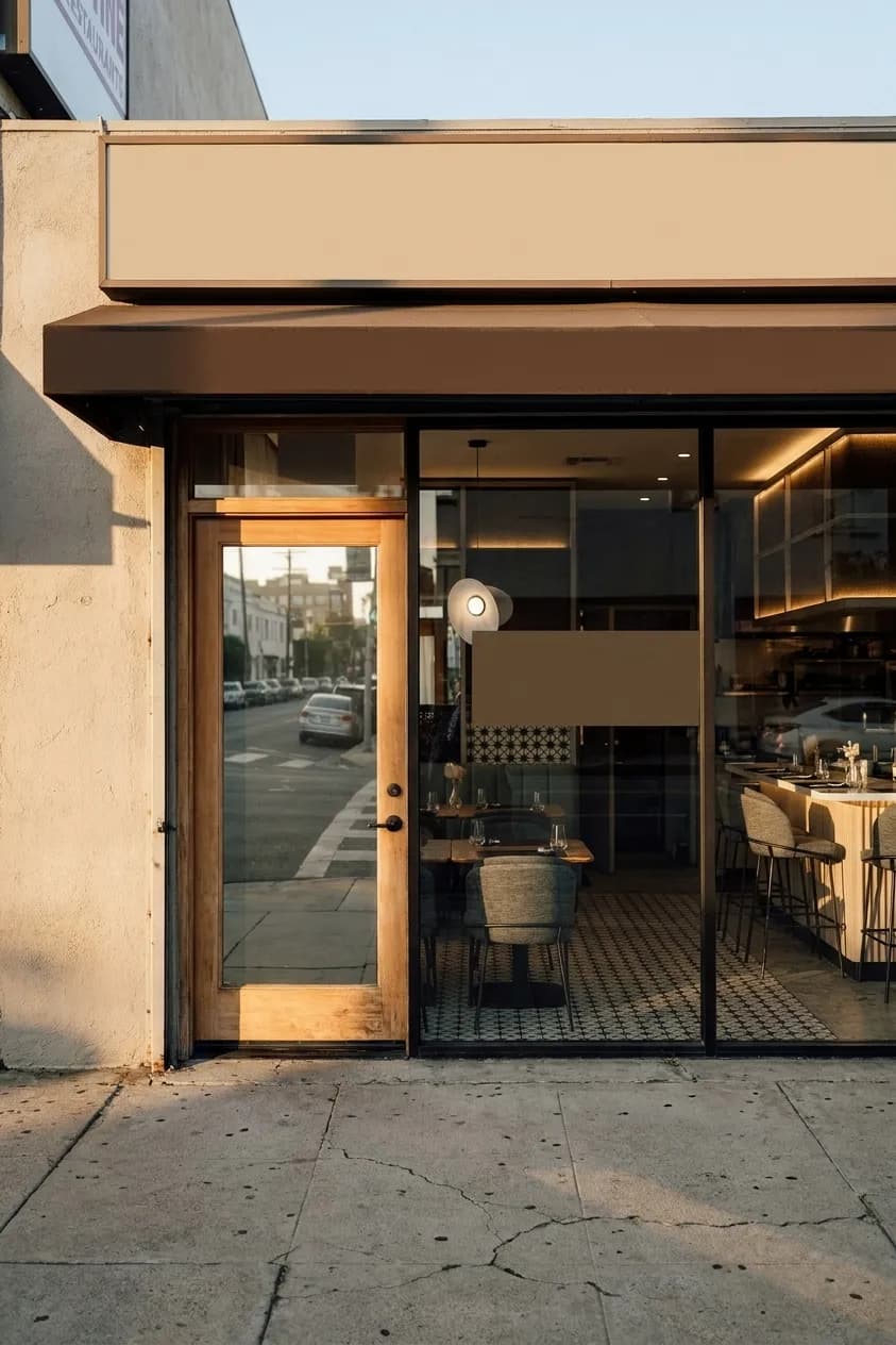 A counter-service dining room seen through its front window in late afternoon light