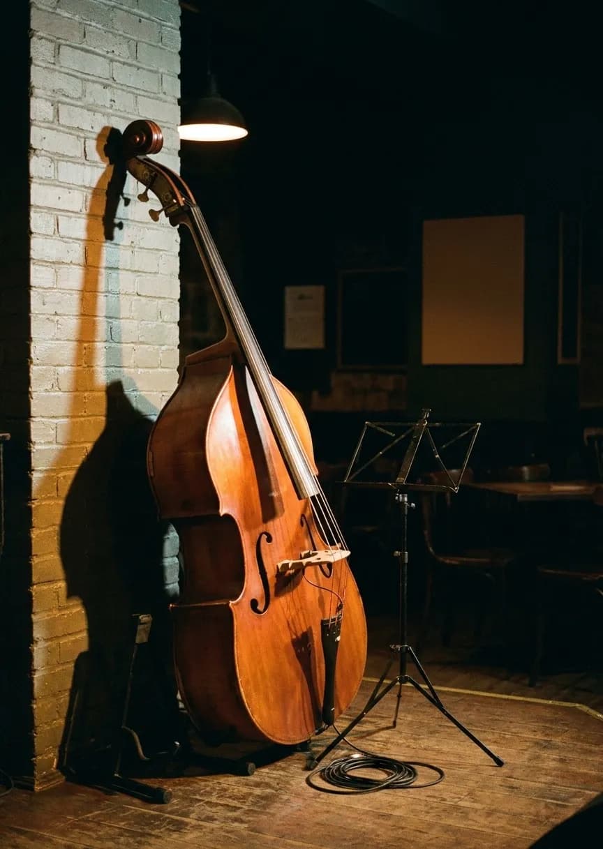 An upright bass leaning against a wall beside a folded music stand