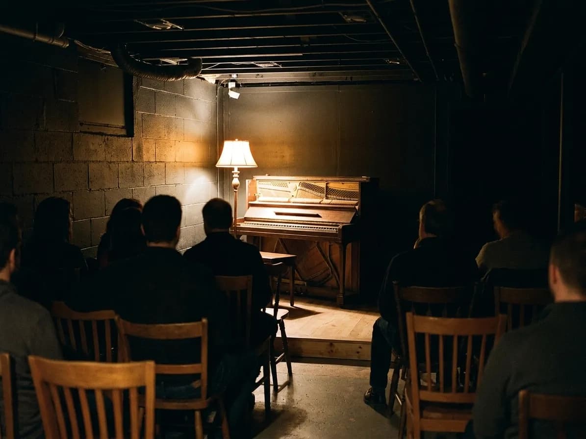 A narrow basement music room with a low stage lit by a single warm lamp