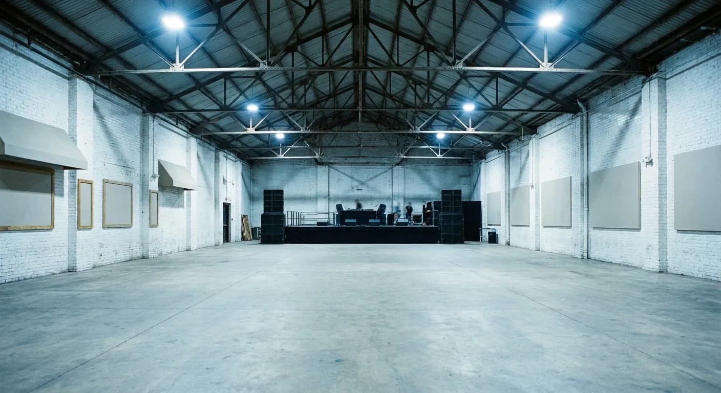 A high-ceilinged industrial room with exposed roof trusses and a small stage at one end