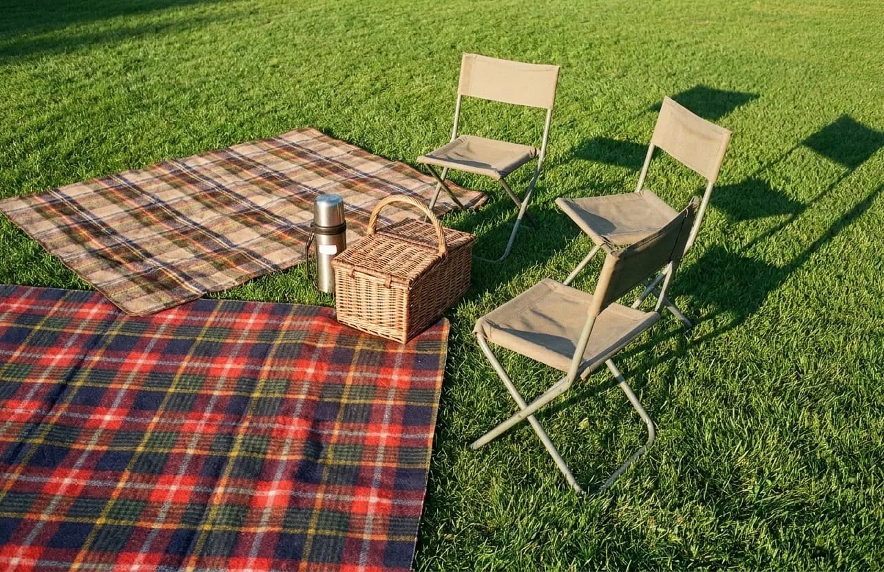 Folding chairs and picnic blankets spread across grass in late afternoon light
