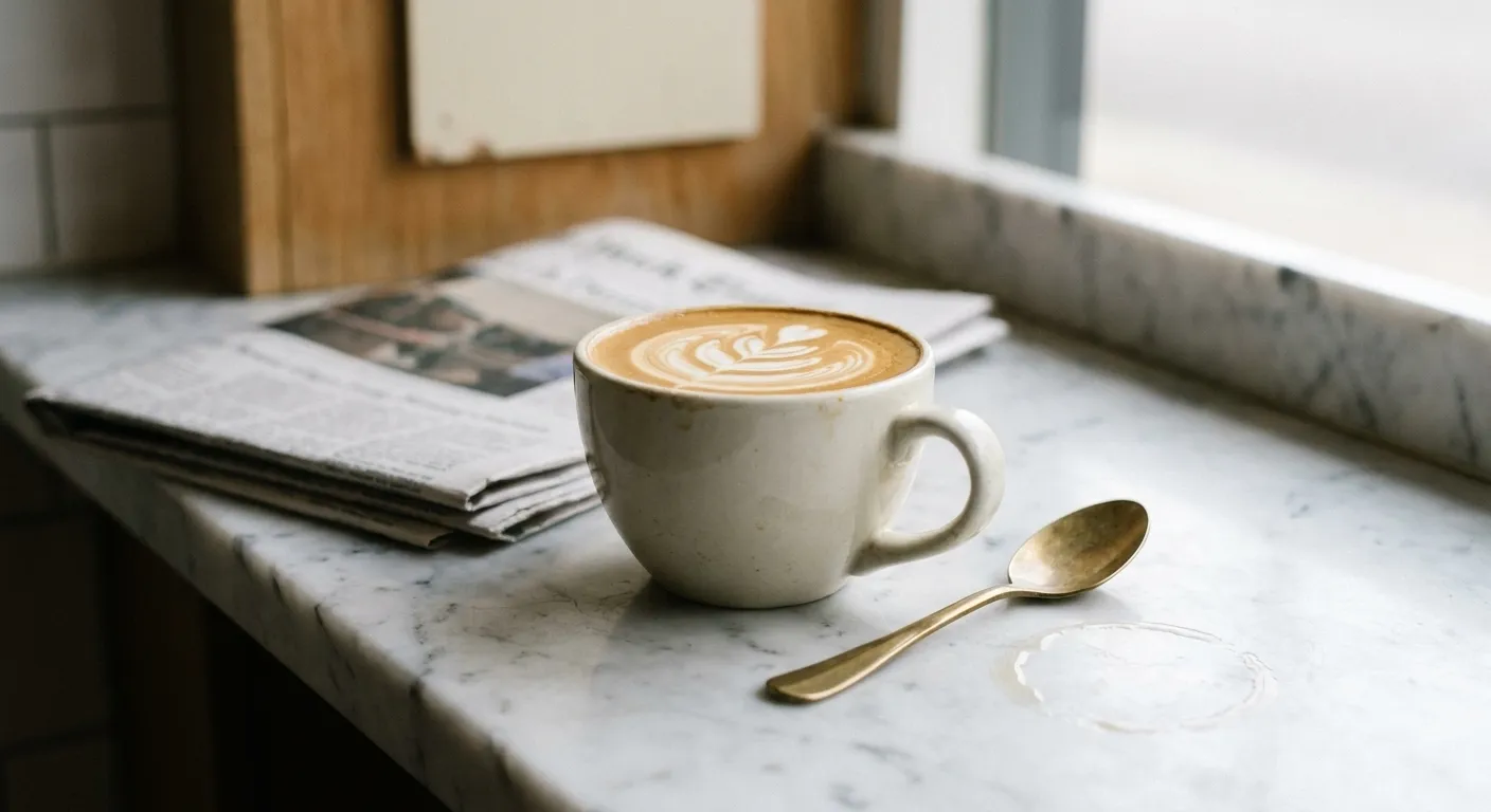 A flat white on a marble counter beside a folded newspaper