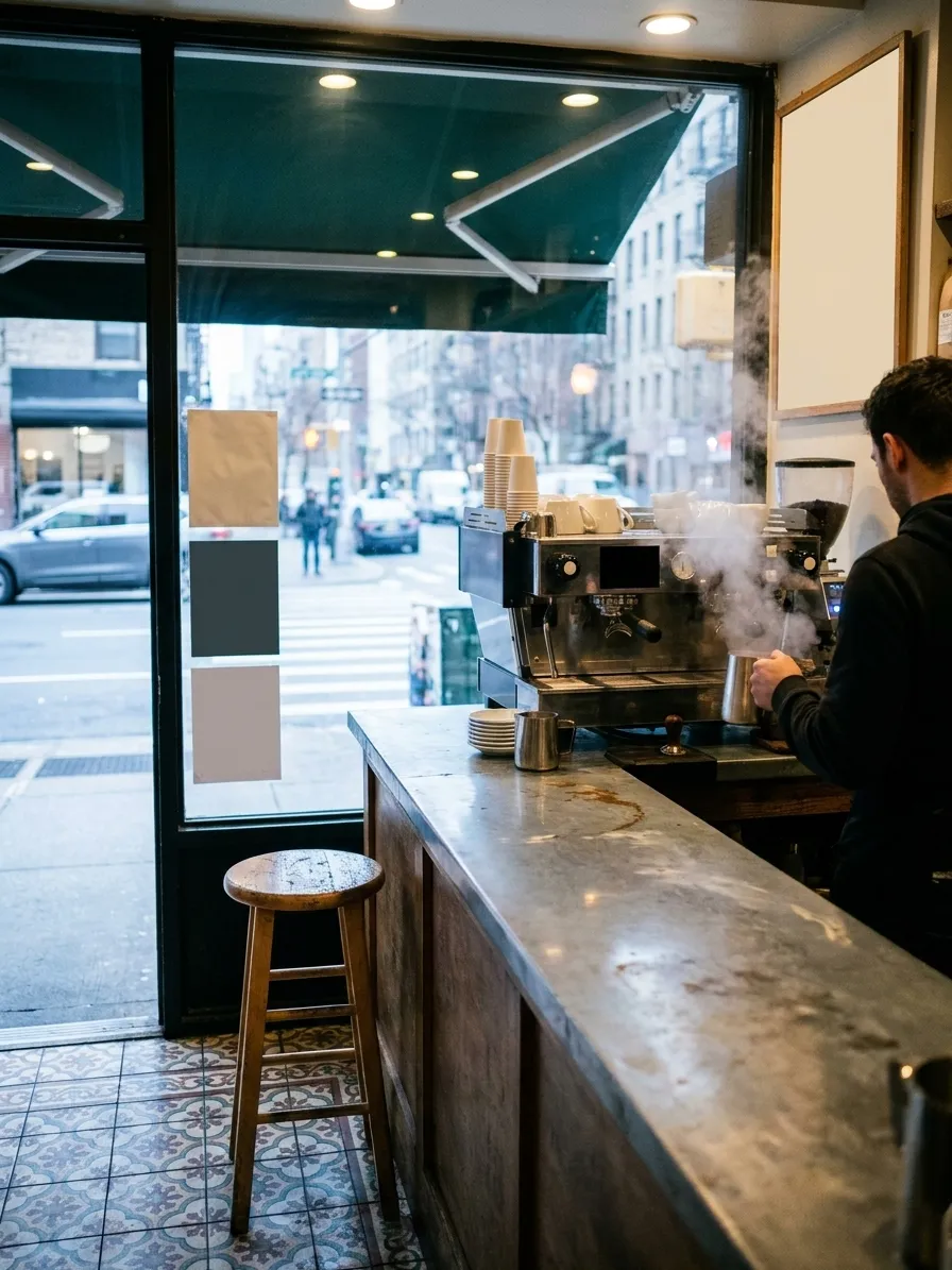 A small espresso counter with a single stool and a window onto the street