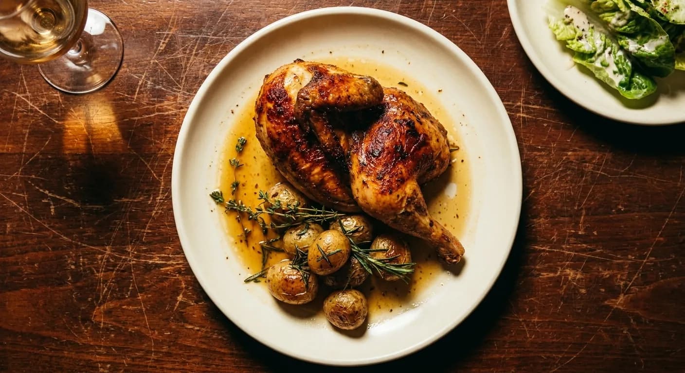 A plated main course seen from above on a worn wooden table