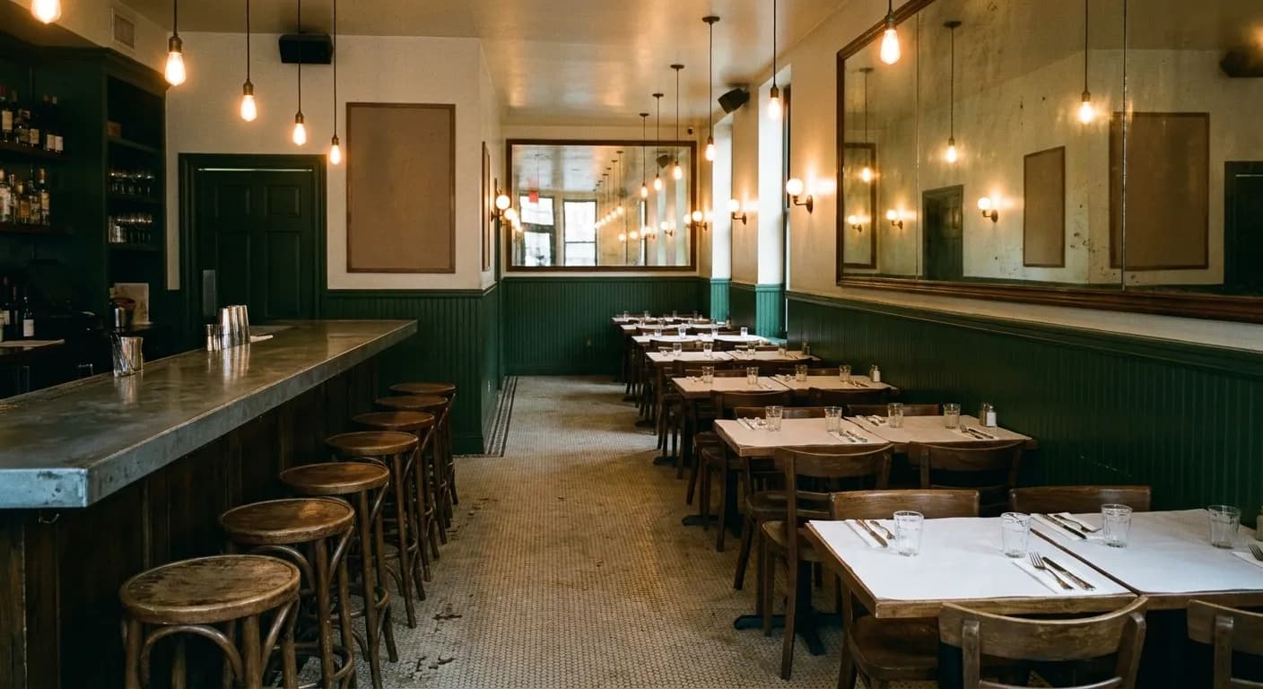 A narrow dining room with a bar along one side and paper-topped tables