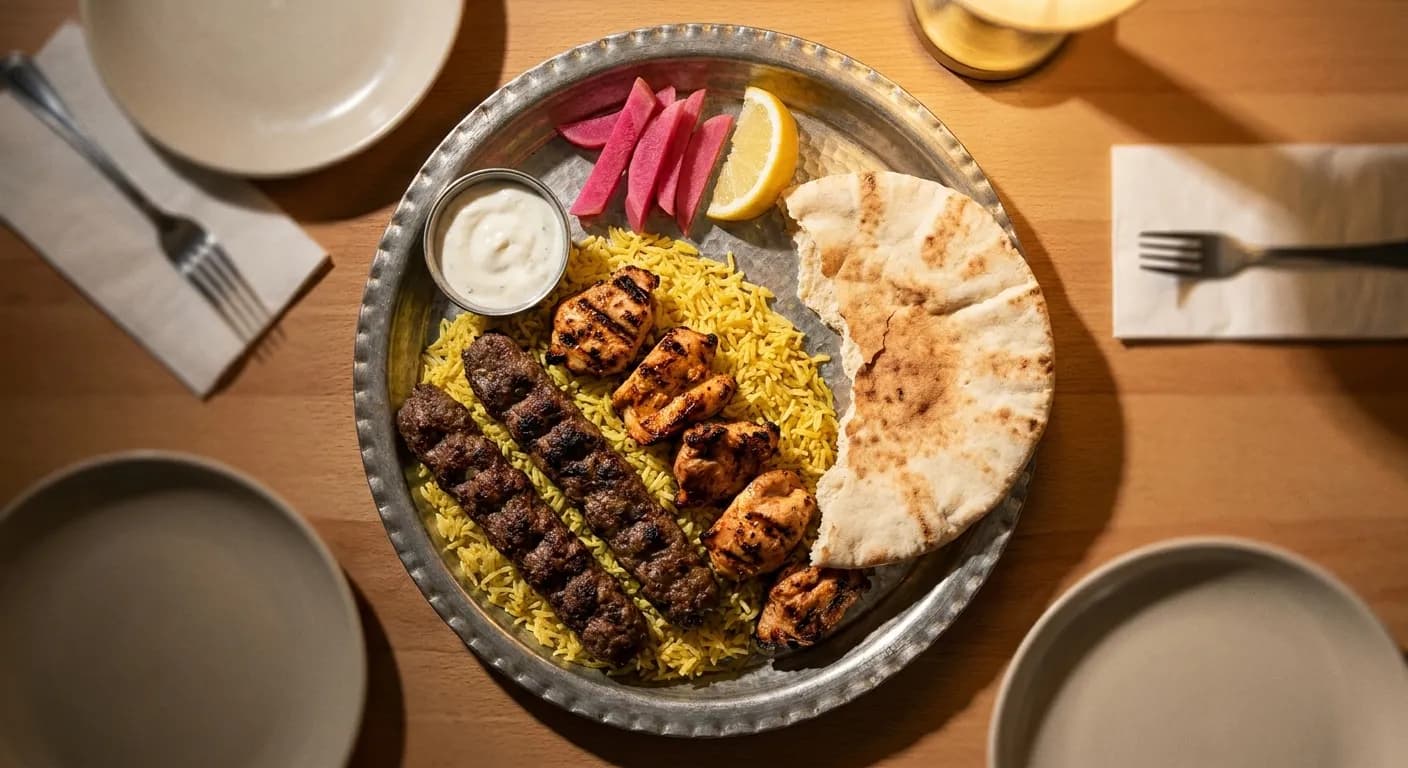 A round tray of grilled meat, rice and flatbread set for sharing