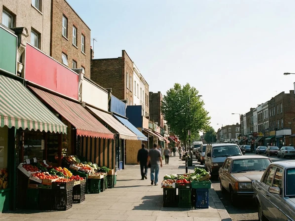 A low-rise commercial street of striped awnings and shopfronts in afternoon light