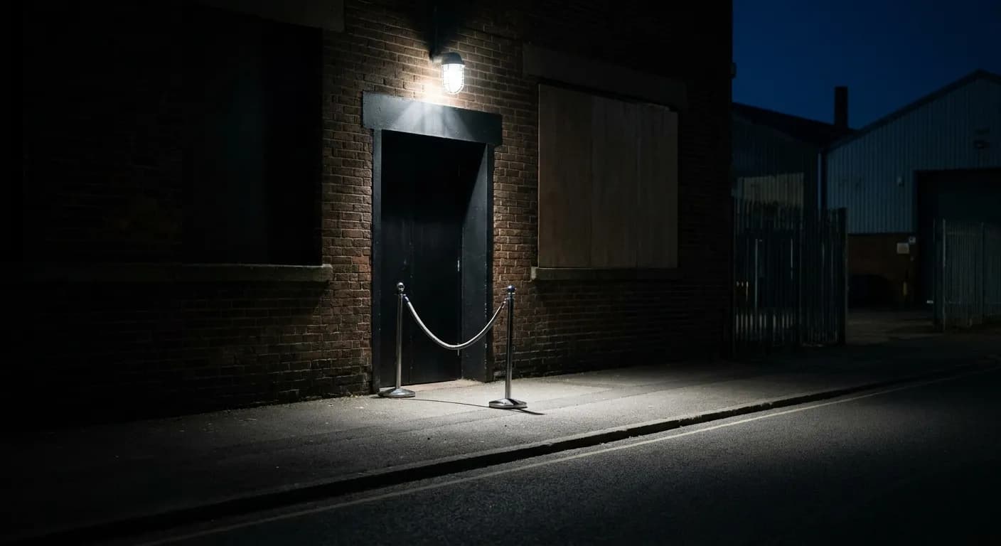 A dark doorway with a rope barrier and a single overhead light on a quiet street
