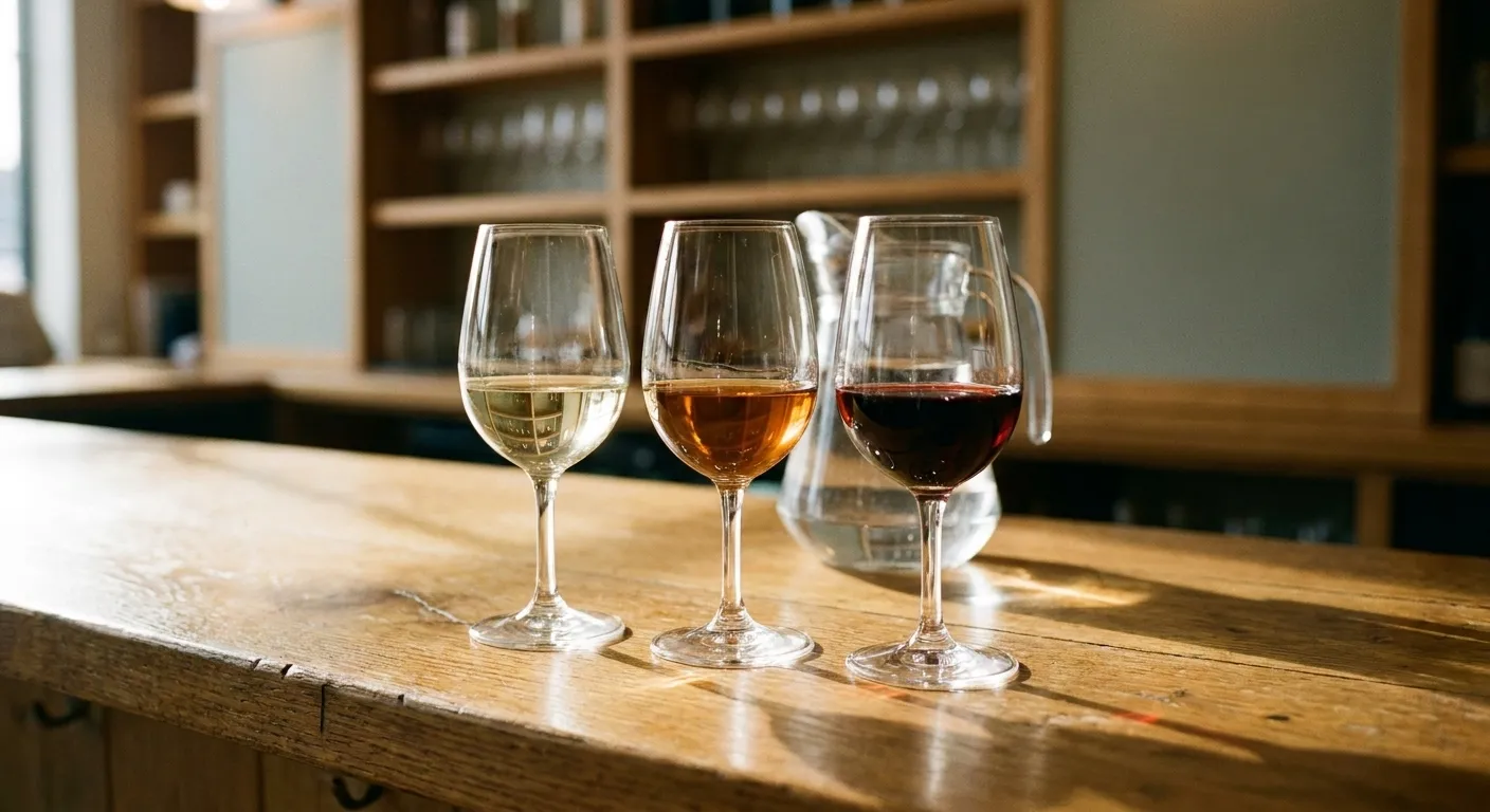 Three tasting pours in stemmed glasses on a wooden bar