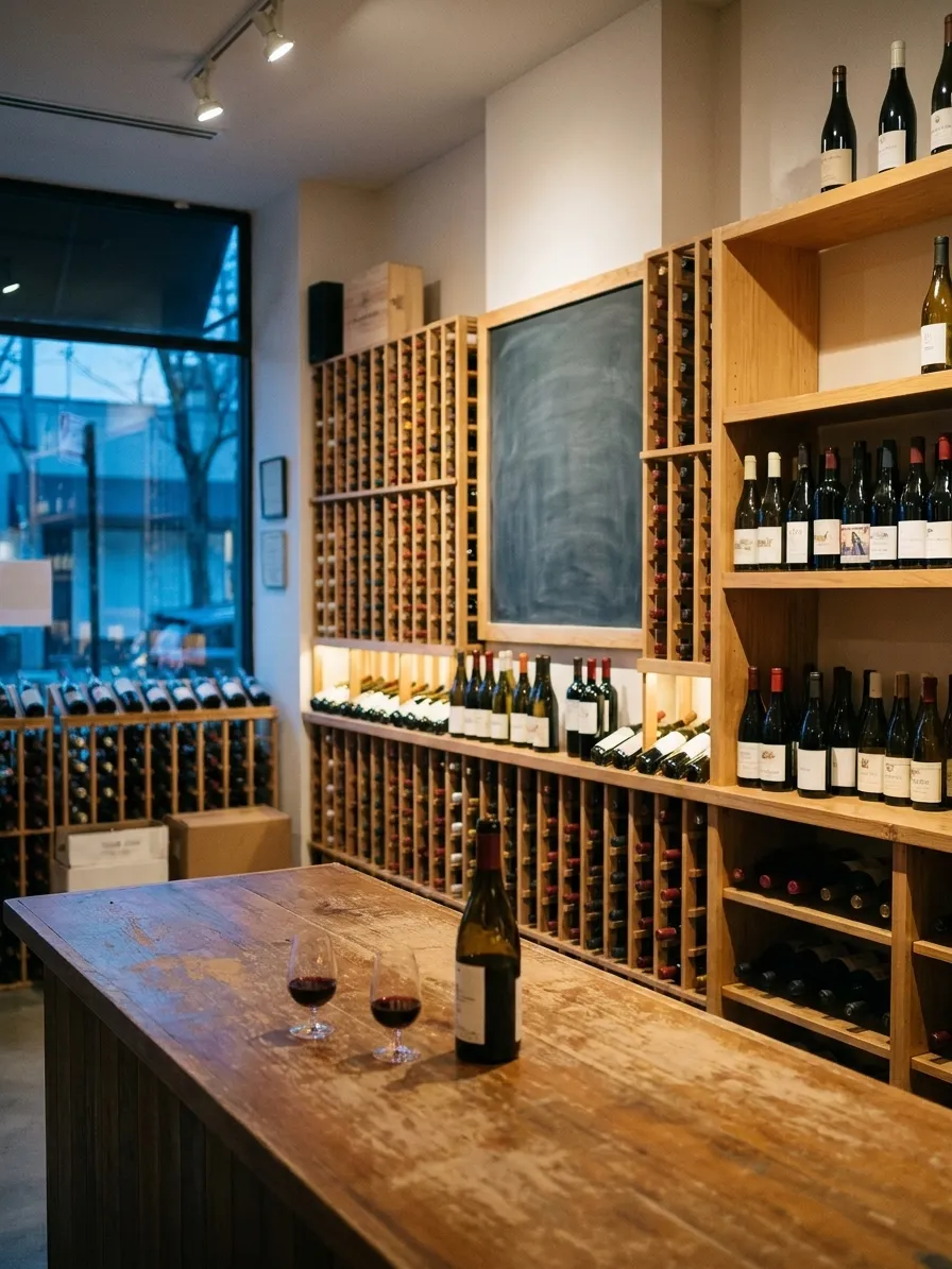 A shop counter lined with bottles and two small glasses set out for tasting