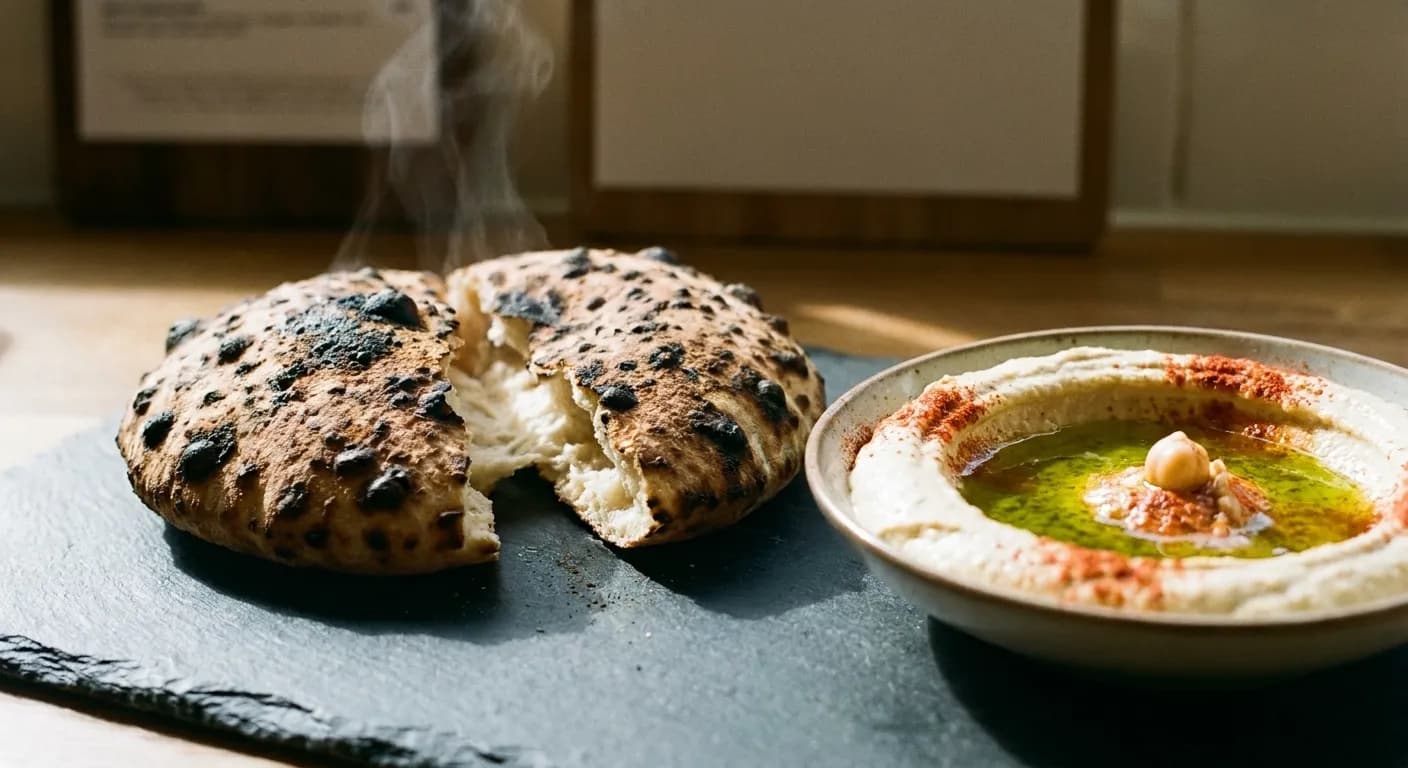 A charred flatbread torn open beside a bowl of hummus and olive oil