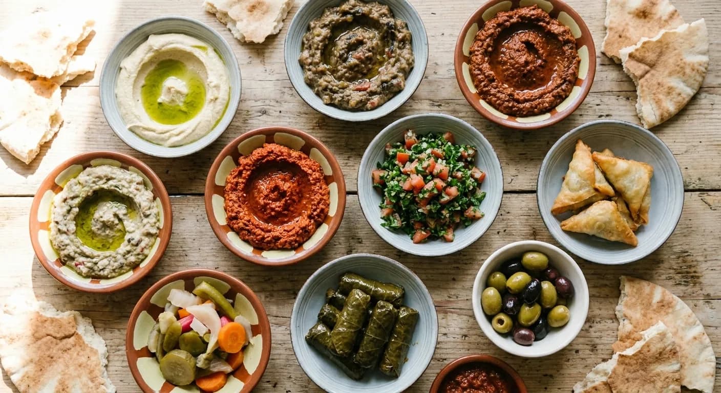 A table covered with small plates of dips, salads and grilled vegetables