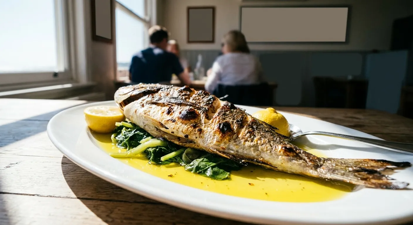 A whole grilled fish on a platter with lemon and greens