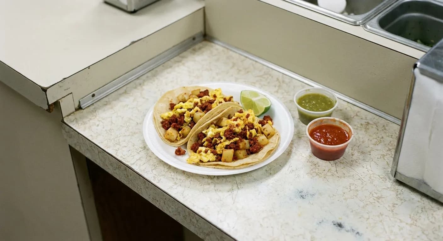 Two small tacos on a paper plate with egg, potato and salsa