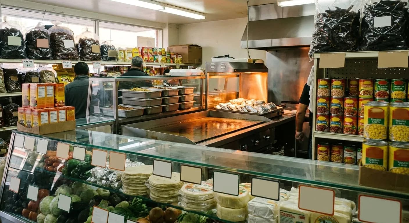 A deli counter with a flat griddle and stacked steel containers behind glass