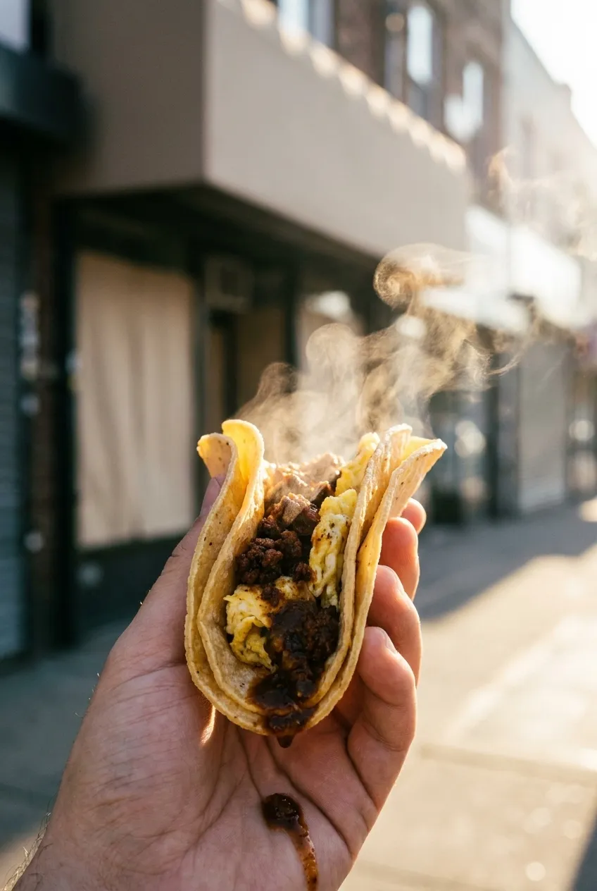 A folded corn tortilla filled with egg and chorizo held over a paper plate
