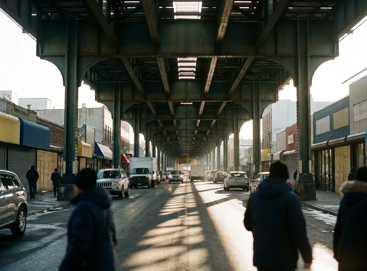 An elevated subway structure over a busy commercial avenue in the morning