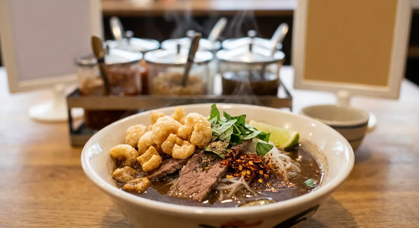 A bowl of dark broth noodles with herbs and chilli flakes on top