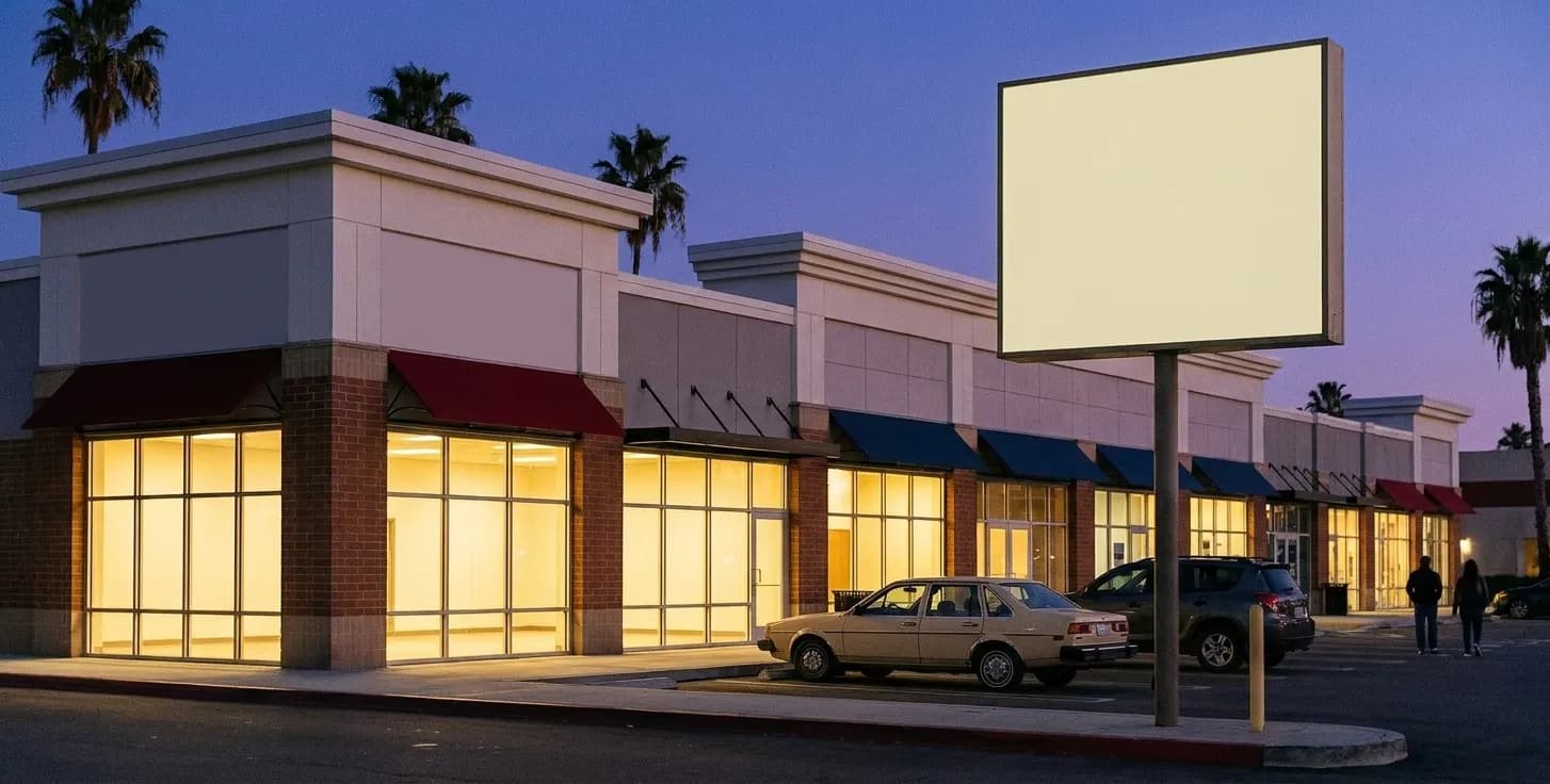 A single-storey strip mall with a shared car park and small shopfronts