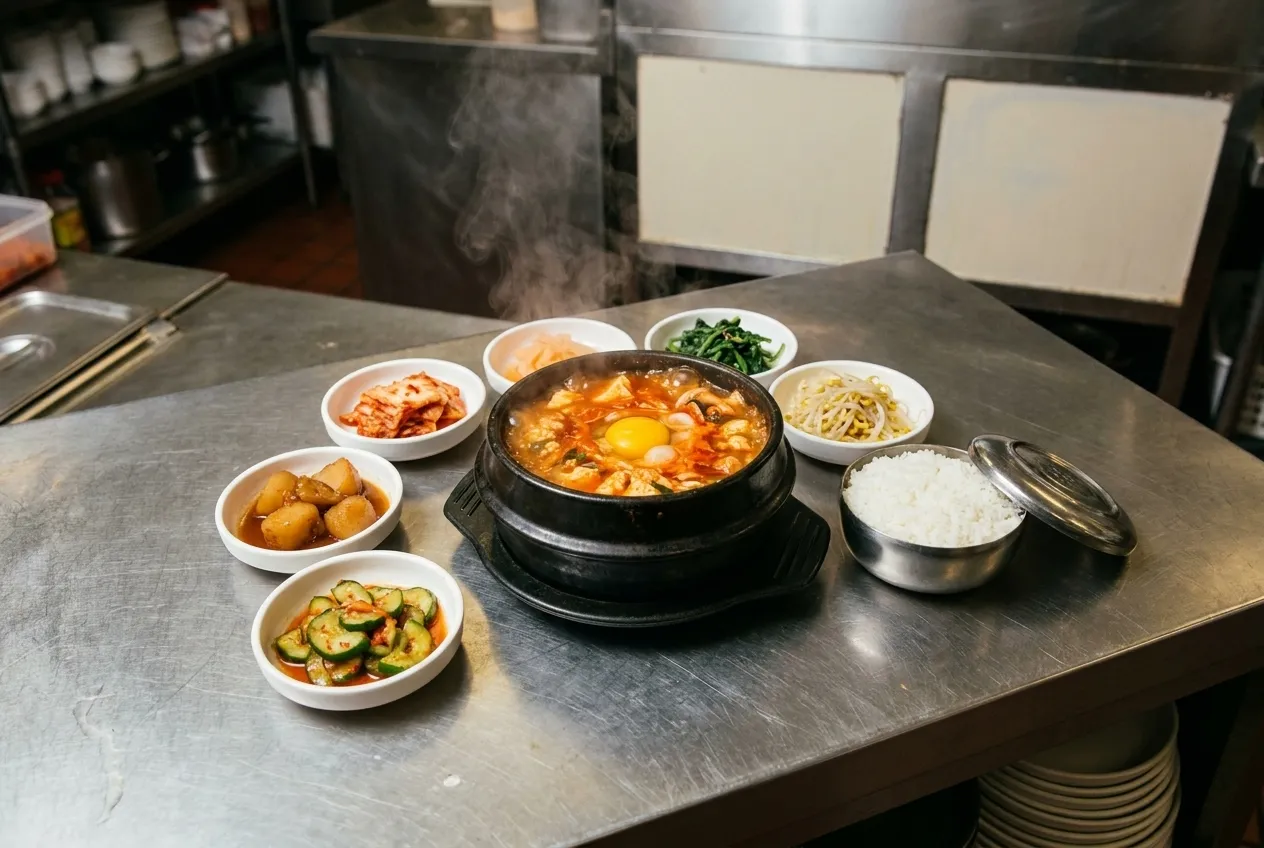 A bowl of noodles and side dishes on a counter under warm light